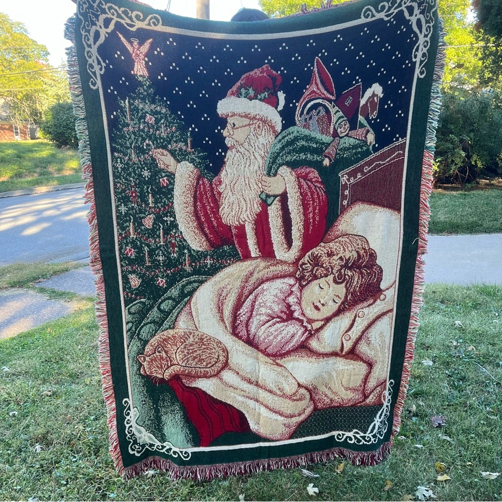 Christmas Tapestry afghan throw Santa Claus toy bag, sleeping girl, cat 72”x51”